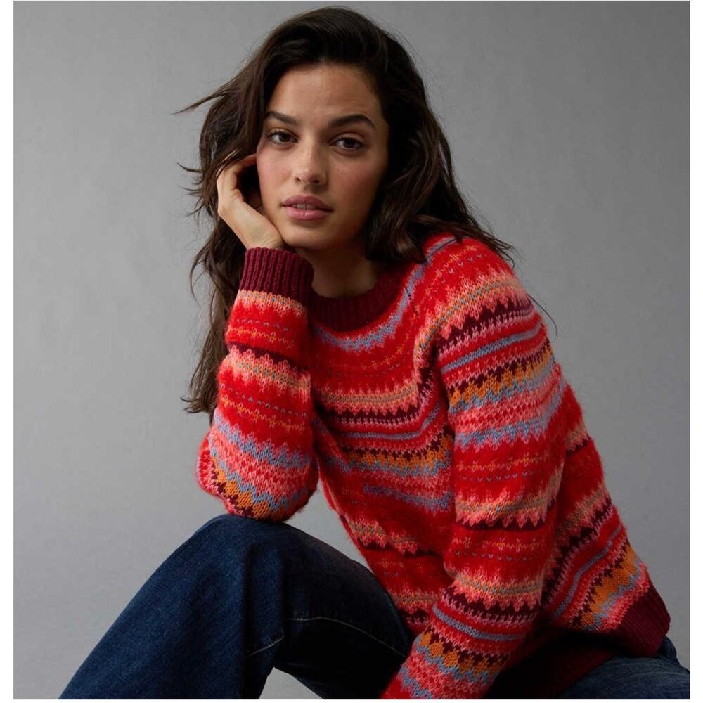 American Eagle Festive Feels Sweater Sz S Red Burgundy Fair Isle Knit Cozy NWT